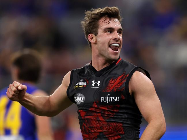 PERTH, AUSTRALIA - MAY 27: Will Snelling of the Bombers celebrates after scoring a goal during the 2023 AFL Round 11 match between the West Coast Eagles and the Essendon Bombers at Optus Stadium on May 27, 2023 in Perth, Australia. (Photo by Will Russell/AFL Photos via Getty Images)