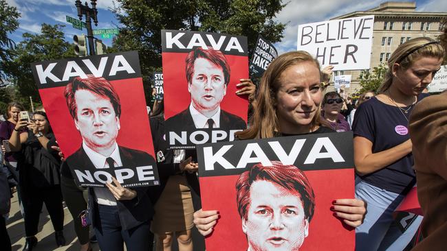 Protesters rally against Supreme Court nominee Brett Kavanaugh as the Senate Judiciary Committee debates his confirmation in Washington on Friday. Picture: J. Scott Applewhite/AP