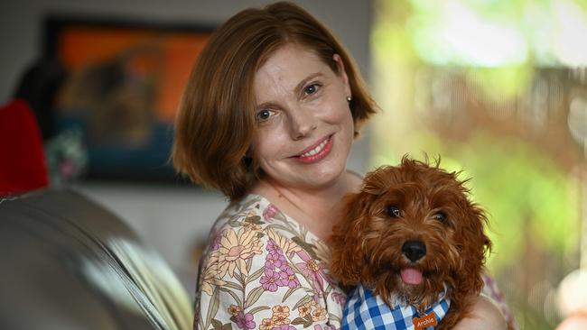 12/2/2025: Stacey Allerton (with Archie)  is living with  Stage 4 lung cancer at her home in Annerley, Brisabane.Stacey wants to see more widespread screening so that cancers can be detected earlier. pic Lyndon Mechielsen / The Australian