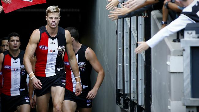 Nick Riewoldt leading St Kilda onto the MCG. Picture: Wayne Ludbey