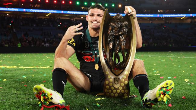 Nathan Cleary of the Panthers poses with the Provan-Summons Trophy after winning the 2023 NRL Grand Final match between Penrith Panthers and Brisbane Broncos. Picture: Matt King/Getty Images