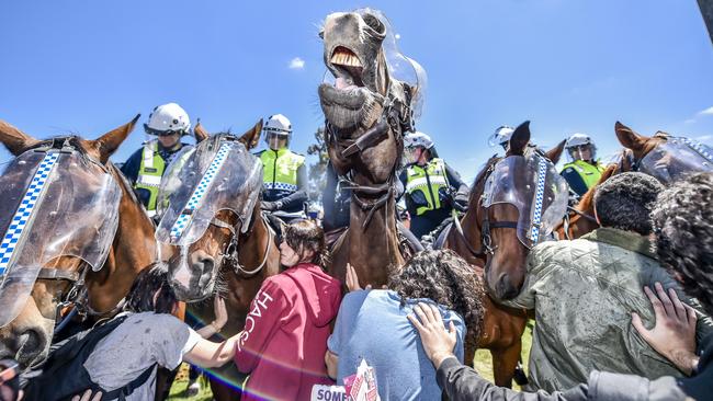 Protesters clash with mounted police at the Melton rally. Picture: Jason Edwards