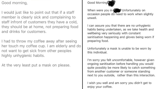 The woman was so unhappy with the ill worker, she wrote in to the cafe and they responded. Image: Reddit