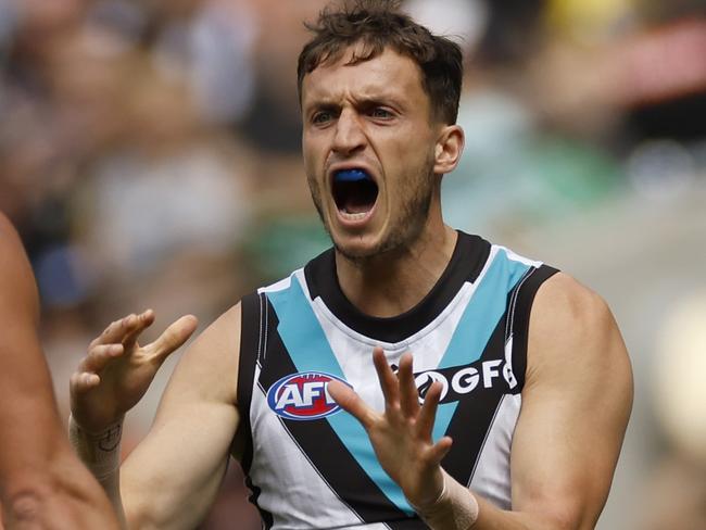 MELBOURNE, AUSTRALIA - MARCH 25: Orazio Fantasia of the Power celebrates a goal  during the round two AFL match between Collingwood Magpies and Port Adelaide Power at Melbourne Cricket Ground, on March 25, 2023, in Melbourne, Australia. (Photo by Darrian Traynor/Getty Images)