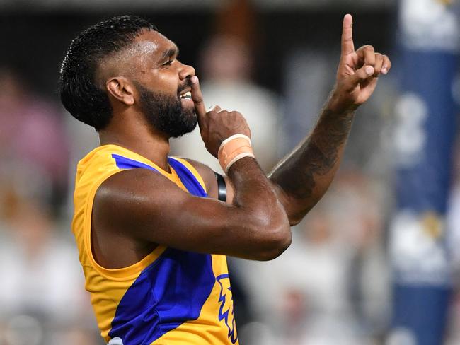 Liam Ryan of the Eagles gestures to the crowd after kicking a goal during the Round 1 AFL match between the Brisbane Lions and the West Coast Eagles at the Gabba in Brisbane, Saturday, March 23, 2019. (AAP Image/Darren England) NO ARCHIVING, EDITORIAL USE ONLY