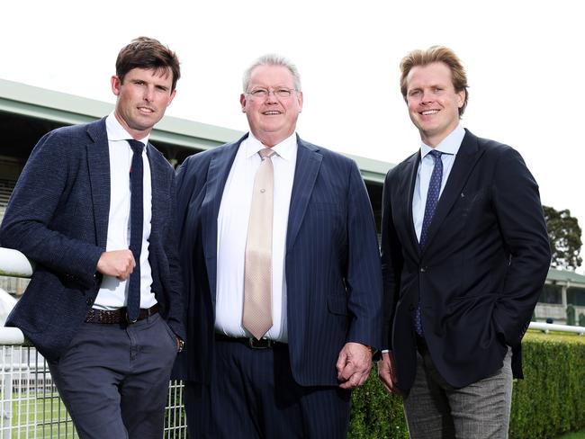 WEEKEND TELEGRAPHS SPECIAL. APRIL 11, 2024. PLEASE CONTACT WEEKEND PIC EDITOR JEFF DARMANIN BEFORE PUBLISHING.Pictured together at Royal Randwick Racecourse today is Anthony Cummings with his sons, James Cummings and Edward Cummings. Picture: Tim Hunter.