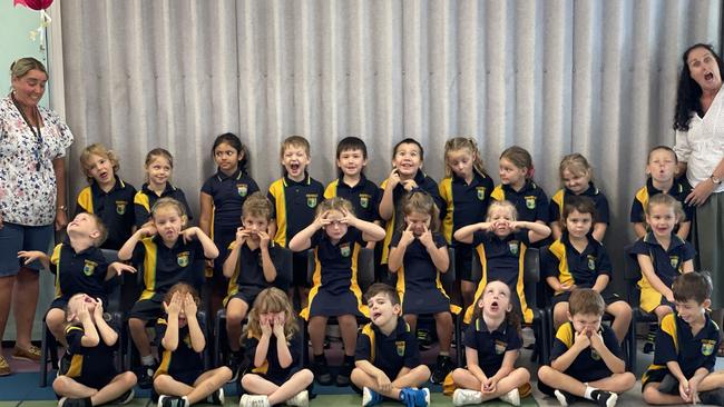 Chatsworth State School Preps 2024. (Back from left): Hunter Johnston, Willow Roe, Aanvi Vupalla, Kobi Stoker, Oscar Gopurenko, Robert Stevens, Grace Corbet, Ayla Wynne, Adaline Heiner, Carter Sutton, (middle from left) Arlo Pullen, Ivy Smith, Weston Downing, Grace Edwards, Vera Lawrence-Beattie, Amelia McCartin, Maisie Lonie, Lilly Sanim (front from left) Bottom (L to R): Sanden Reedman, Blair Learoyd, Rhylee Hancock, Huxley Barry, Emerald McComb, Cooper Ivory, Liam Bruton. Gympie My First Year 2024. Silly faces photo.