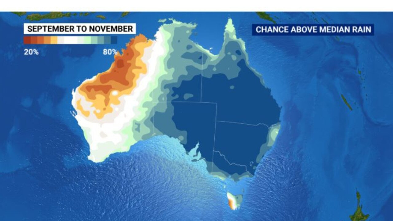 Spring is likely to be wetter than usual across much of the eastern two thirds of the country. Picture: Sky News Weather.