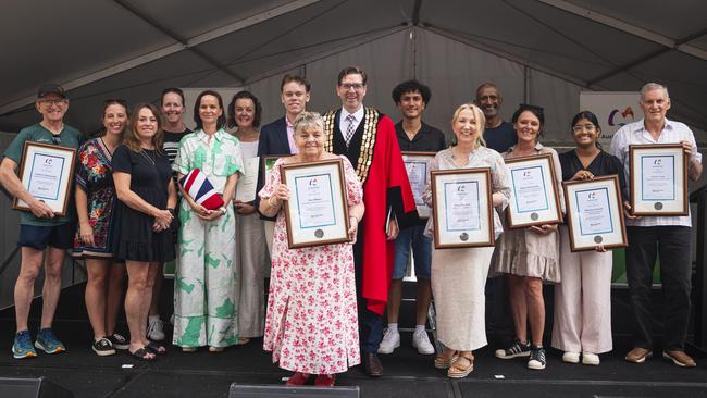 Toowoomba Australia Day award recipients (from left) Steve Antonio, Anna Jones, Lisa Salisbury and Margie Bryant (representing parkrun), Emily MacManus and Dr Tarn McLean (representing The Lighthouse), Zachary Vellacott, Sue Waters, Mayor Geoff McDonald, Iskcon Gyawali, Maud Bagnall, Adam and Susy Wenitong (representing Adapt Mentorship), Rheanca Lincoln and Steve Jurgs at Picnic Point, Sunday, January 26, 2025. Picture: Kevin Farmer