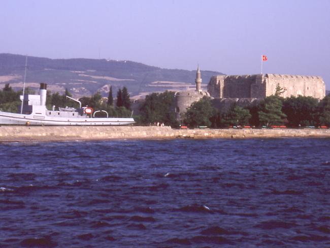 Turkish minelayer Nusret and fort on the Gallipoli Peninsual, Turkey.