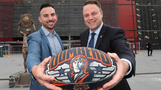 Brisbane Lord Mayor Adrian Schrinner with Bombers bid chief Nick Livermore at Suncorp Stadium. Picture: Annette Dew