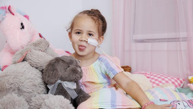 Emily Borg, 4, at home with her toys. Picture: Lachie Millard