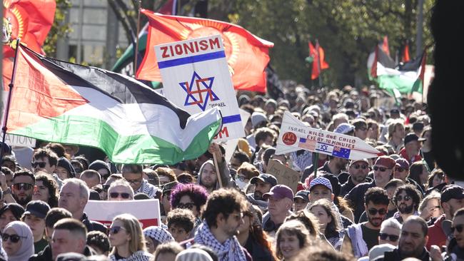 A sign sporting a Nazi symbol was spotted at the Melbourne Nakba rally on Sunday. Picture: NewsWire / Valeriu Campan