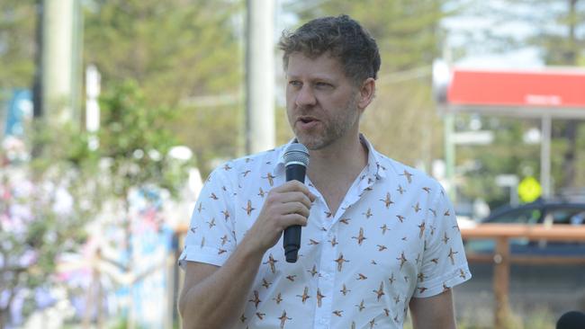 Byron Shire mayor Michael Lyon addresses a crowd in the town. Picture: Liana Boss