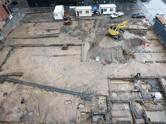 Bird’s eye view of the archaeological dig at the site of the old Mistletoe Hotel in the CBD. Picture: Ian Currie