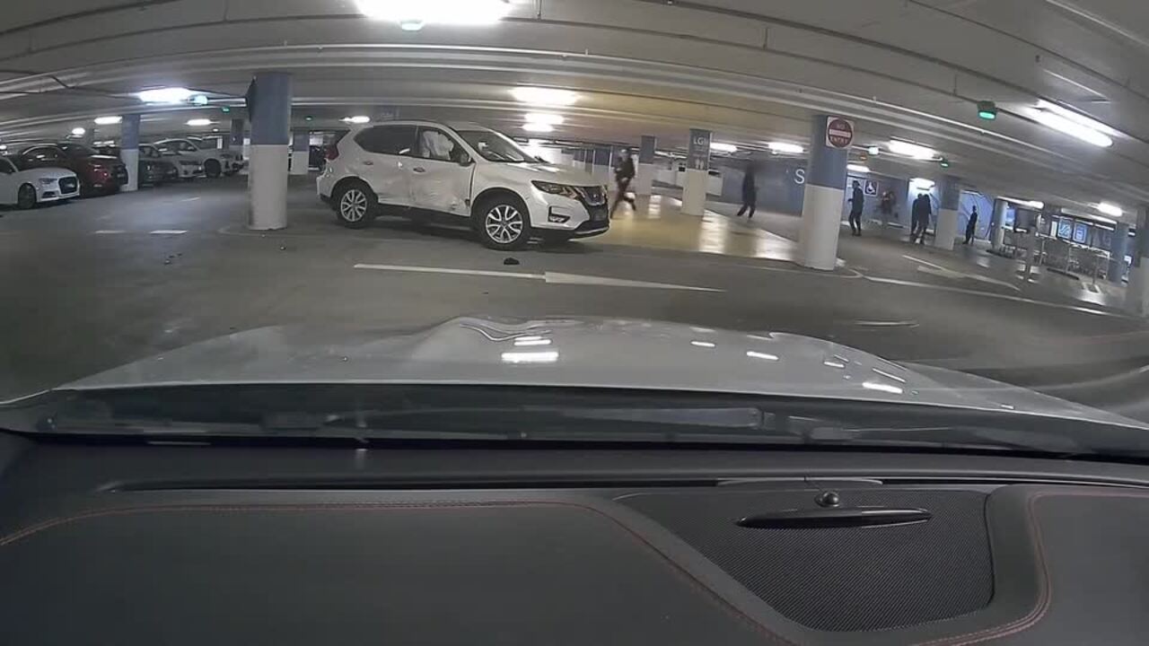 Moment teen thugs crash stolen cars at The Glen shopping centre