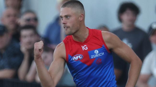 MELBOURNE, AUSTRALIA - FEBRUARY 28: Josh Schache of the Demons celebrates kicking a goal during the 2024 AFL Community Series match between Carlton Blues and Melbourne Demons at Ikon Park on February 28, 2024 in Melbourne, Australia. (Photo by Daniel Pockett/Getty Images)