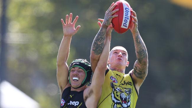 Dustin Martin will be close to goal at times alongside Tom Lynch and Jack Riewoldt. Pic: Michael Klein