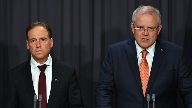 Greg Hunt and Scott Morrison in Canberra in early 2020 as the pandemic took hold. Picture: AAP