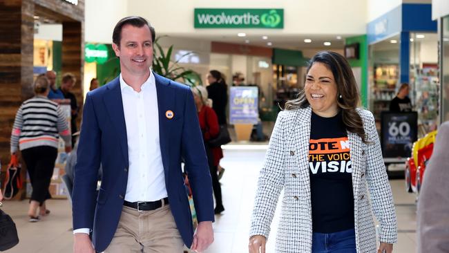 Sturt MP James Stevens and Senator Jacinta Price campaigning for the No vote at the Marden Shopping Centre. Picture: Kelly Barnes