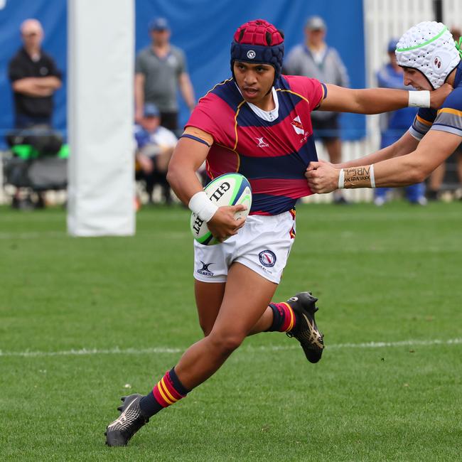Action from the GPS rugby round 1 match between Churchie and Brisbane State High. Pictured is BrisbaneÃ•s Tauave Leofa. Picture: Tertius Pickard