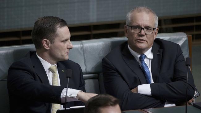 Alex Hawke, left, with Morrison during Question Time in the House of Representatives in Parliament House in Canberra on Tuesday. Picture: Gary Ramage