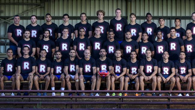 AFL Indigenous All Stars team supports the Recognise Campaign to change the constitution to recognise Indigenous Australians pictured at Leederville Oval in Perth. Photo includes coaching staff.