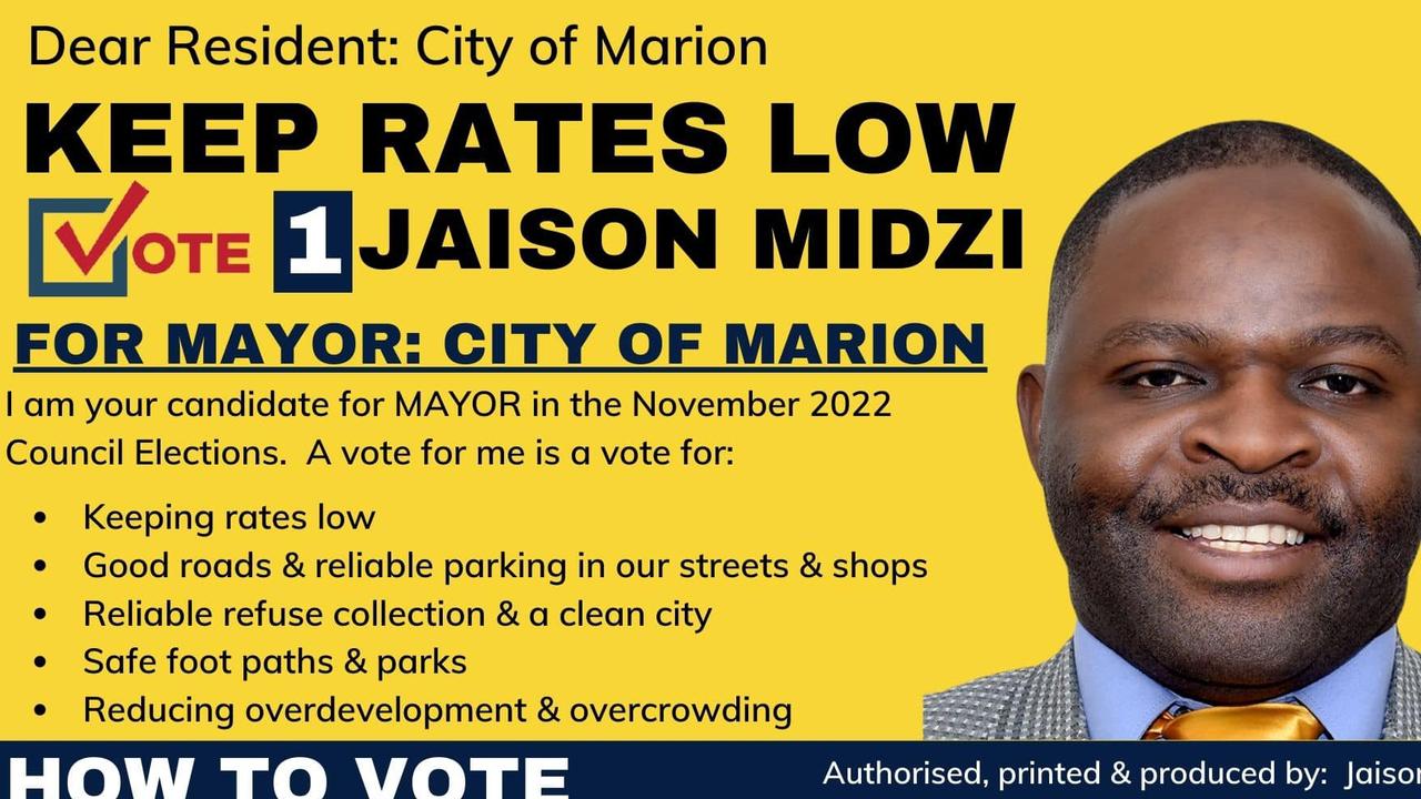 Mr Midzi’s campaign flyer for the 2022 Marion mayoral election. Picture: Facebook