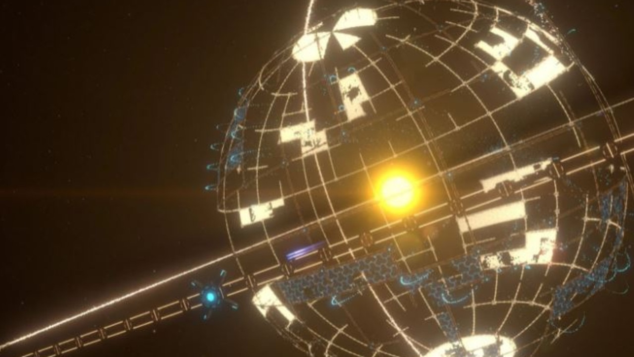 Από το παιχνίδι υπολογιστή "Dyson sphere Program".  Μια σφαίρα Dyson είναι μια εξωγήινη μεγαδομή, κατασκευασμένη για να αξιοποιεί ολόκληρη την ισχύ εξόδου ενός αστεριού.
