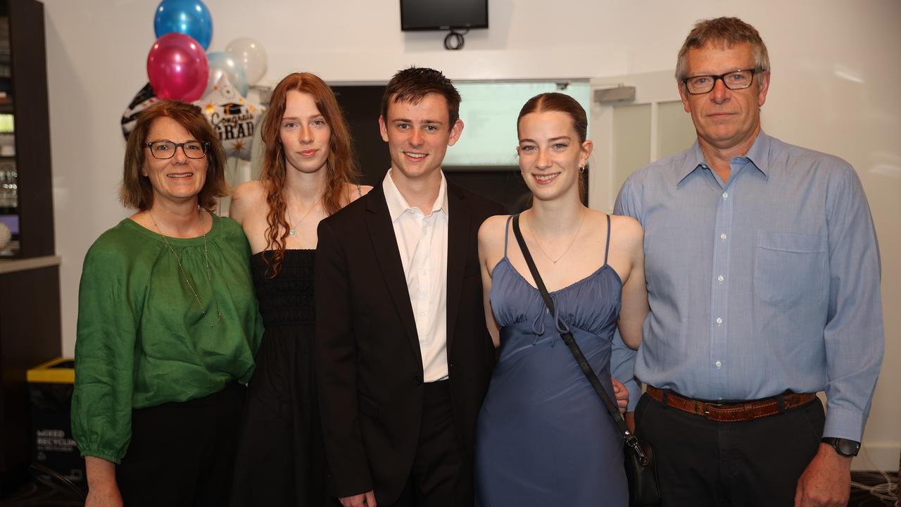 <p>Geelong Baptist College Year 12 student Zoe Harding with parents Tracey and Dean, sister Erin and boyfriend Oscar Clark. Picture: Alison Wynd</p>