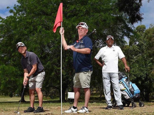 (L-R) Michael Dymott, Dale Spriggs and Peter Kann are golfers at Northcote Public Golf Course. Golfers say Darebin council is wrecking the Northcote public course with a newly created 5th green described as a brown. The hole had also been shortened and is described as unplayable with some members threatening to leave. Picture: Josie Hayden