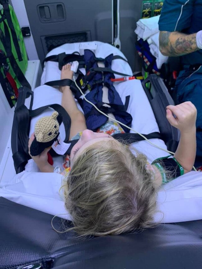 Lisa Fitzgerald's daughter in an ambulance after she was bitten by a snake. Photo: Facebook