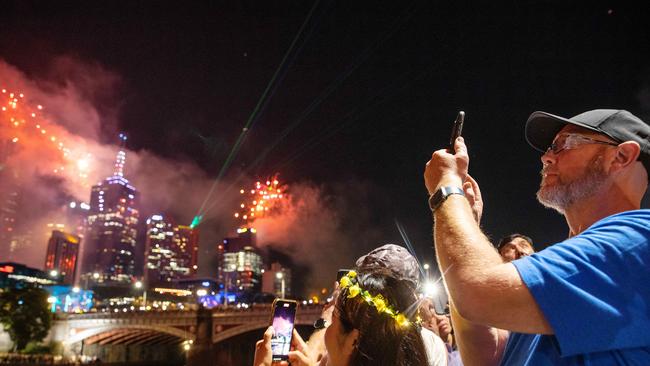 Fireworks light up the Melbourne sky as the clock strikes midnight. Picture: Mark Stewart