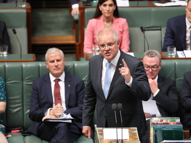 PM Scott Morrison  during Question Time in the House of Representatives Chamber at Parliament House in Canberra. Picture Kym Smith