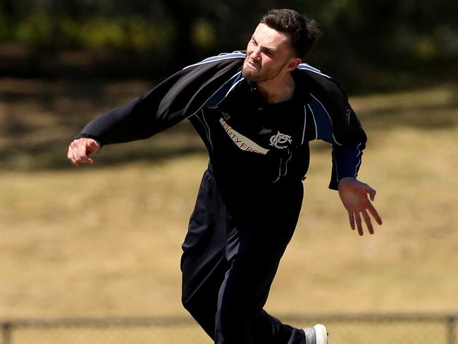 Sam Grimwade of Prahran bowling during Premier Cricket: Prahran v Casey South Melbourne on Saturday, October 13, 2018, in Armadale, Victoria, Australia. Picture: Hamish Blair