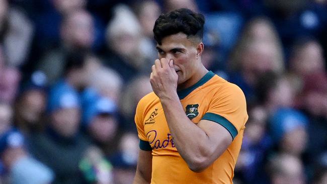 EDINBURGH, SCOTLAND - NOVEMBER 24: Joseph-Aukuso Suaalii of Australia reacts as he leaves the field following medical treatment after picking up an injury during the Autumn Nations Series 2024 match between Scotland and Australia at Scottish Gas Murrayfield on November 24, 2024 in Edinburgh, Scotland. (Photo by Stu Forster/Getty Images)