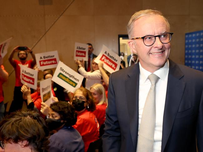 FEDERAL ELECTION TEAM 2022. LABOR BUS TOUR 13/4/2022 - Labor leader Anthony Albanese delivers a speech at the Australian Nursing and Midwifery Federation in Melbourne, Victoria on day 3 of the federal election. Albo arrives to a room filled with the party faithful. Picture: Toby Zerna