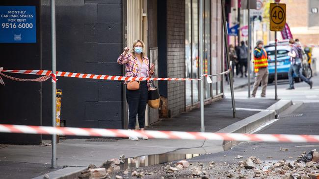 Debris is seen in Wattle St, Prahran, between Coles and Woolworths after an earthquake that measured 5.9 on the Richter scale. Picture: Mark Stewart