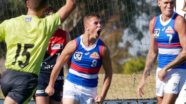 MELBOURNE, AUSTRALIA - NewsWire Photos MARCH 30, 2024: Charlie Clarke celebrates during the VFL Round 2 match between Casey Demons and Footscray Bulldogs at Casey Fields. Picture: NCA NewsWire/Blair Jackson