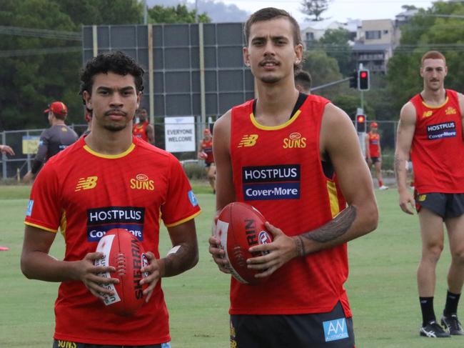 Territorians Mal Rosas and Joel Jeffrey at Gold Coast Suns training. Picture: AFL Media