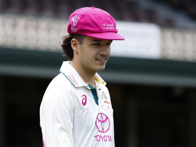 Sam Konstas donning the 'baggy pink' cap in honour of the McGrath Foundation. Picture: Darrian Traynor/Getty Images