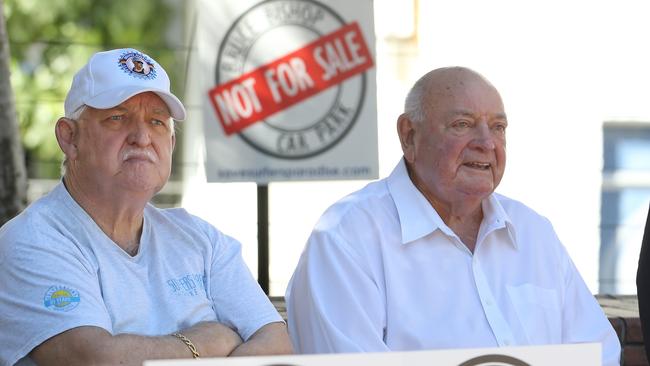 Max Christmas (seated right) at a rally to Save Bruce Bishop car park in Surfers Paradise. Picture Glenn Hampson