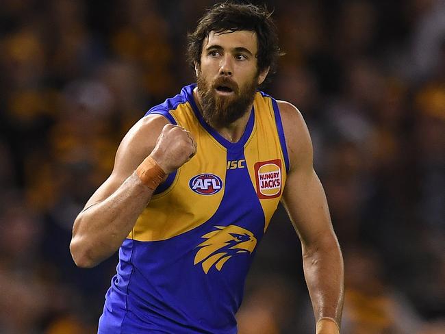 Josh Kennedy kicked goals for fun in the Eagles’ 2018 traditional kit. Picture: AAP