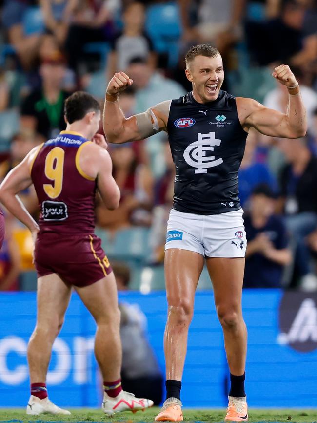 Patrick Cripps reacts on the final siren. Picture: Dylan Burns/AFL Photos via Getty Images