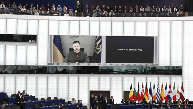 Zelensky appears speaks in a video conference as the representatives of the Ukrainian people receive the 2022 European Parliament's Sakharov human rights prize during an award ceremony at the European Parliament in Strasbourg, France, on December 14.