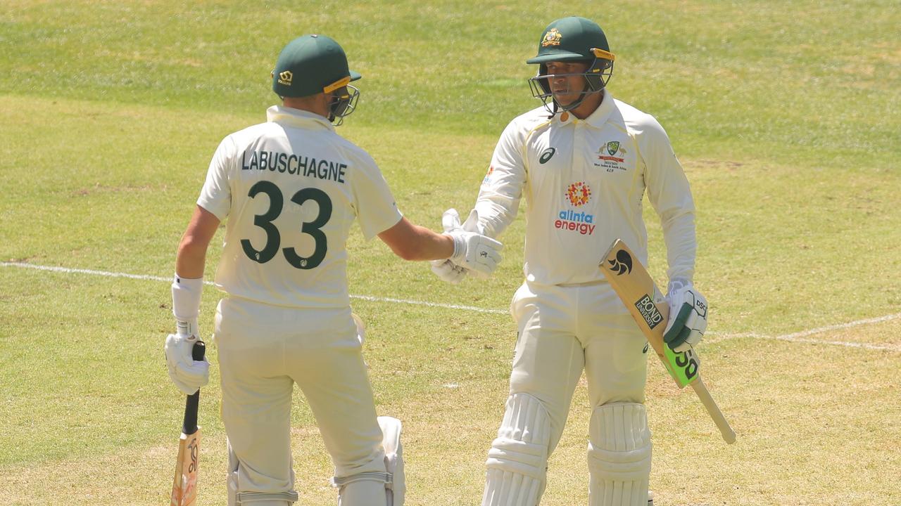 Usman Khawaja after reaching his half century in Perth. Picture: James Worsfold/Getty