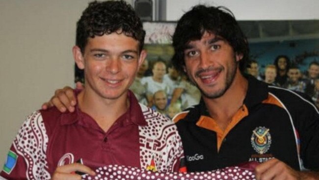 Ashley Taylor, pictured here meeting his idol when still a teen, has been anointed as one of the players set to carry on as an indigenous leader in the game after Thurston’s retirement.