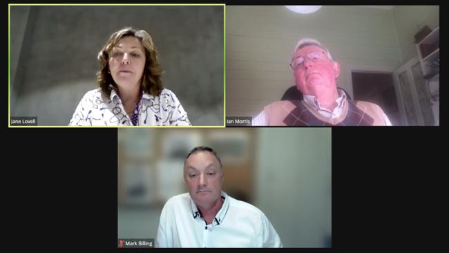 (Clockwise from top left) Debate host, Victorian Farmers Federation chief executive Jane Lovell, and UDV vice-presidential candidates Mark Billing, Colac, and Ian Morris, Cobden.