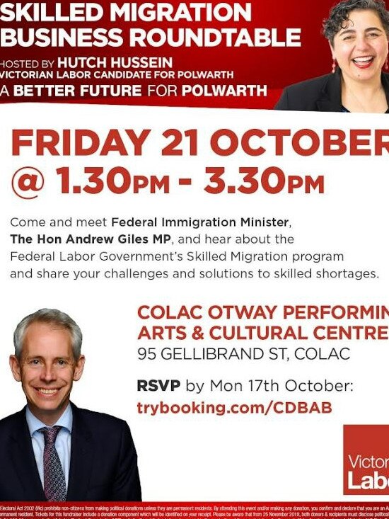The flyer advertising Immigration Minister Andrew Giles’ attendance at the “Skilled Migration Business Roundtable”. Source: Supplied