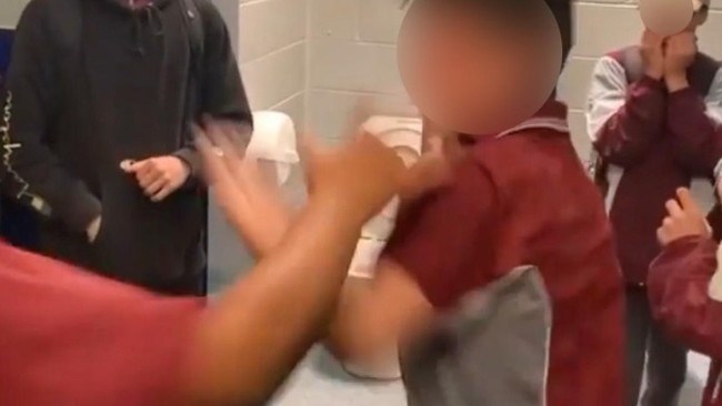 Ipswich's Rosewood High students fighting in a toilet block while at least 10 students watch and egg on the violence. Pictures: Instagram